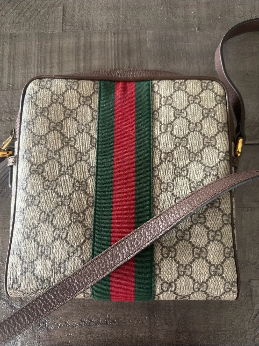 Gucci Beige GG Supreme Messenger Bag with Brown Trim and Green/Red Web